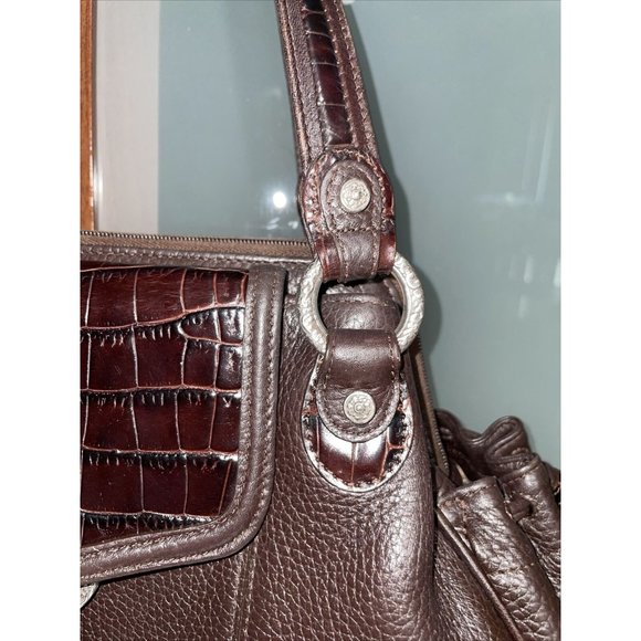 BRIGHTON Croc Embossed Brown Pebbled Leather Silver Accented Shoulder Hand Bag - Picture 5 of 13